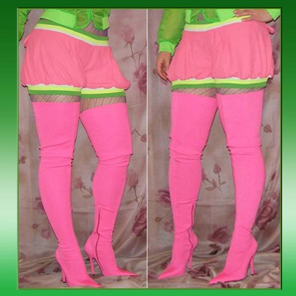 NEW size 8.5 Jeffrey Campbell Thigh high pink stretch boots - Picture 1 of 16